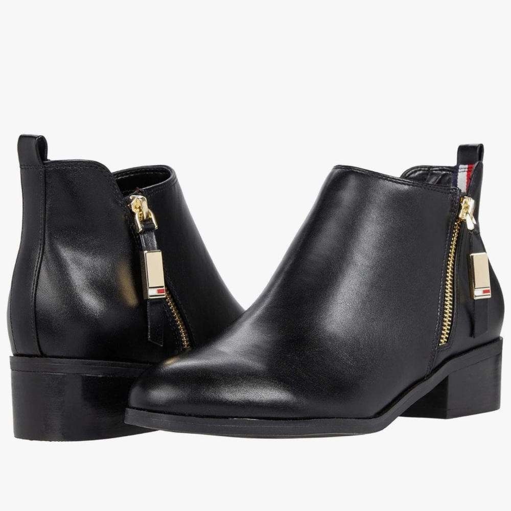 Tommy Hilfiger Wright 2 Womens Black Ankle Boots Gold Zip Booties Size 6 M